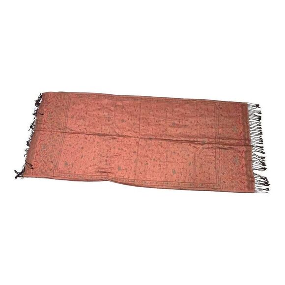 Pashmina Shawl Floral Vining Brown Orange Reversible Scarf Wrap 65X28” Fringe - Picture 5 of 6